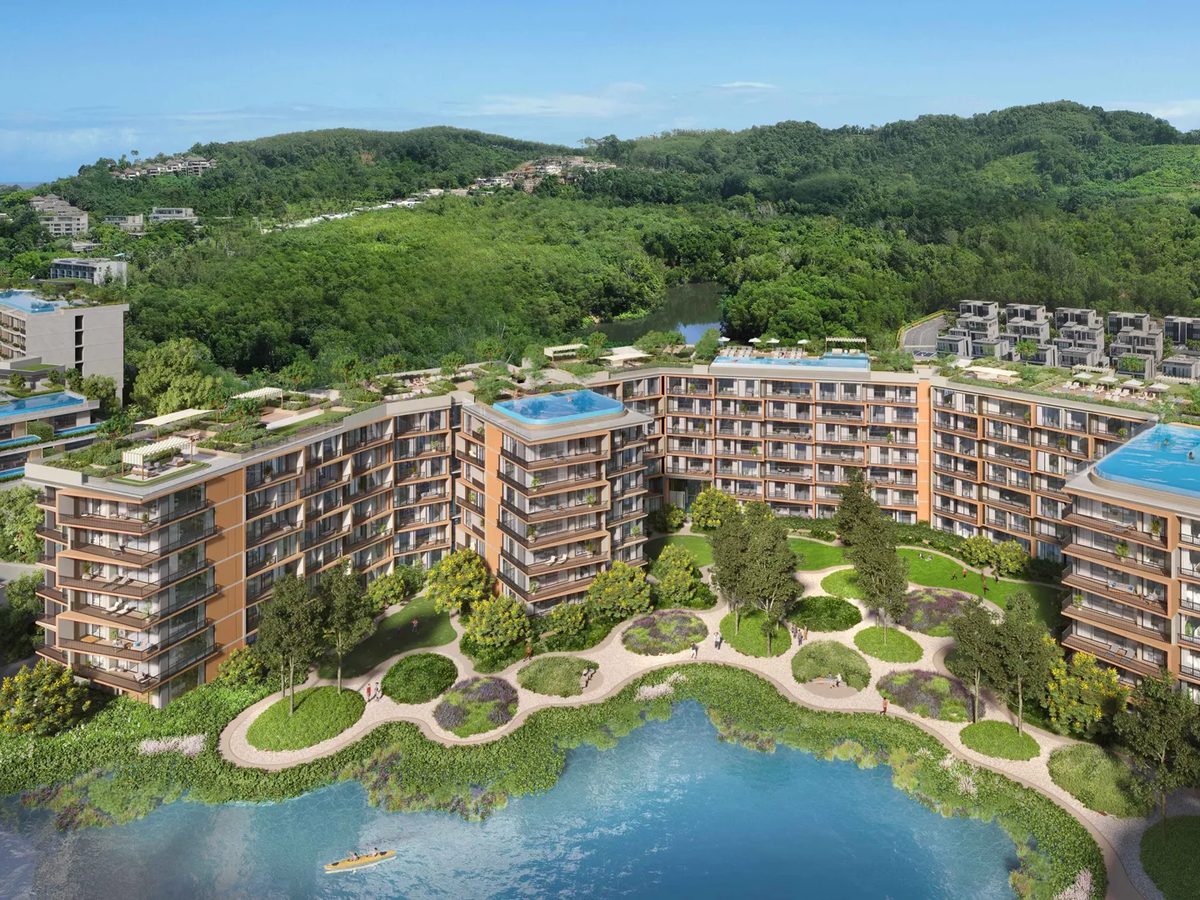 Skypark Elara — aerial render of the three buildings among the Laguna Lakelands lakes