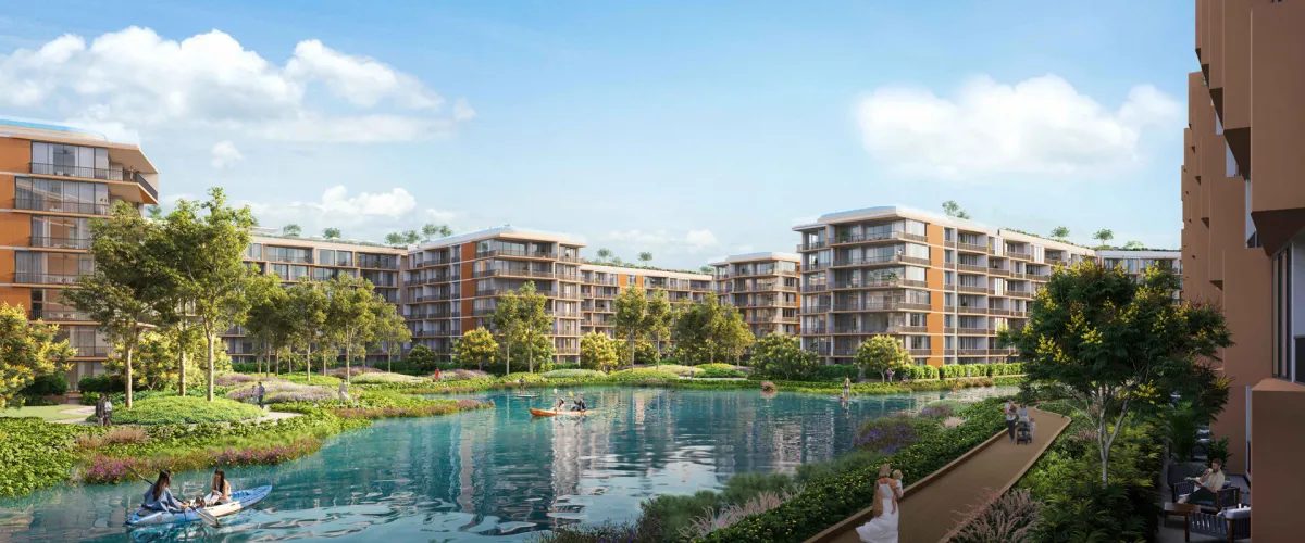 Skypark Elara — ground-level courtyard and lakeside walkway