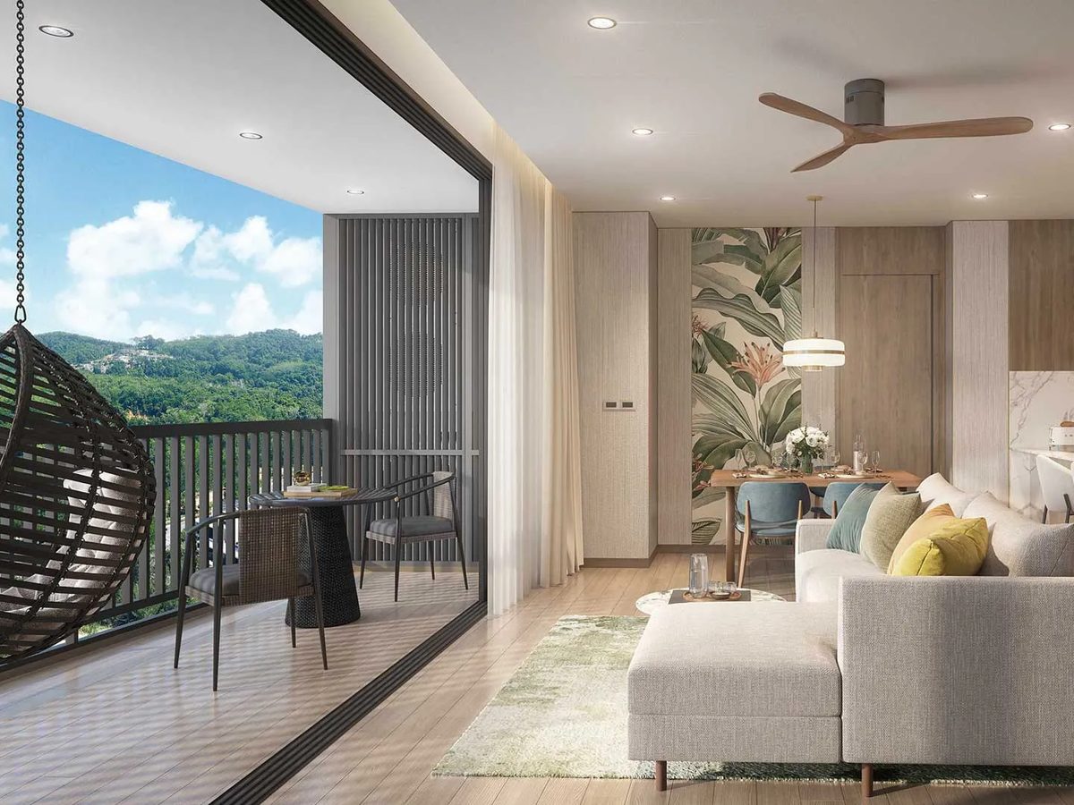 Skypark Elara — living room and balcony with hanging chair